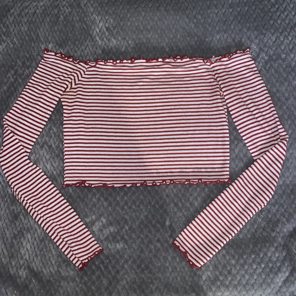 Red and White Stripped Long Sleeve Crop Top